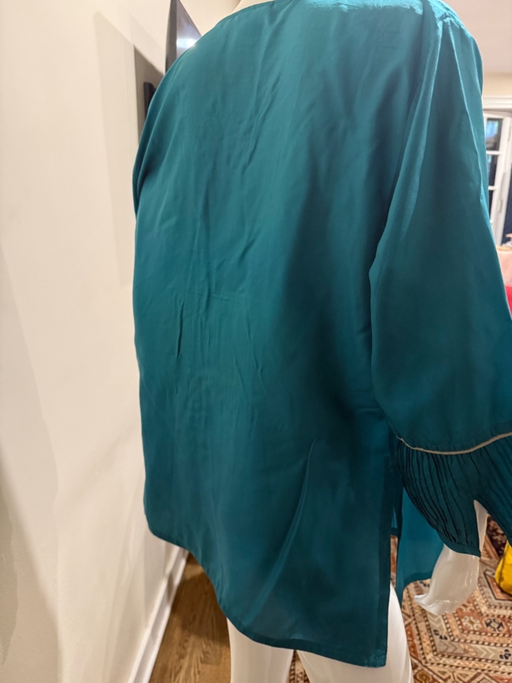 Anokhi India 100% Silk Teal Pintuck Tunic Blouse XL - Picture 5 of 8